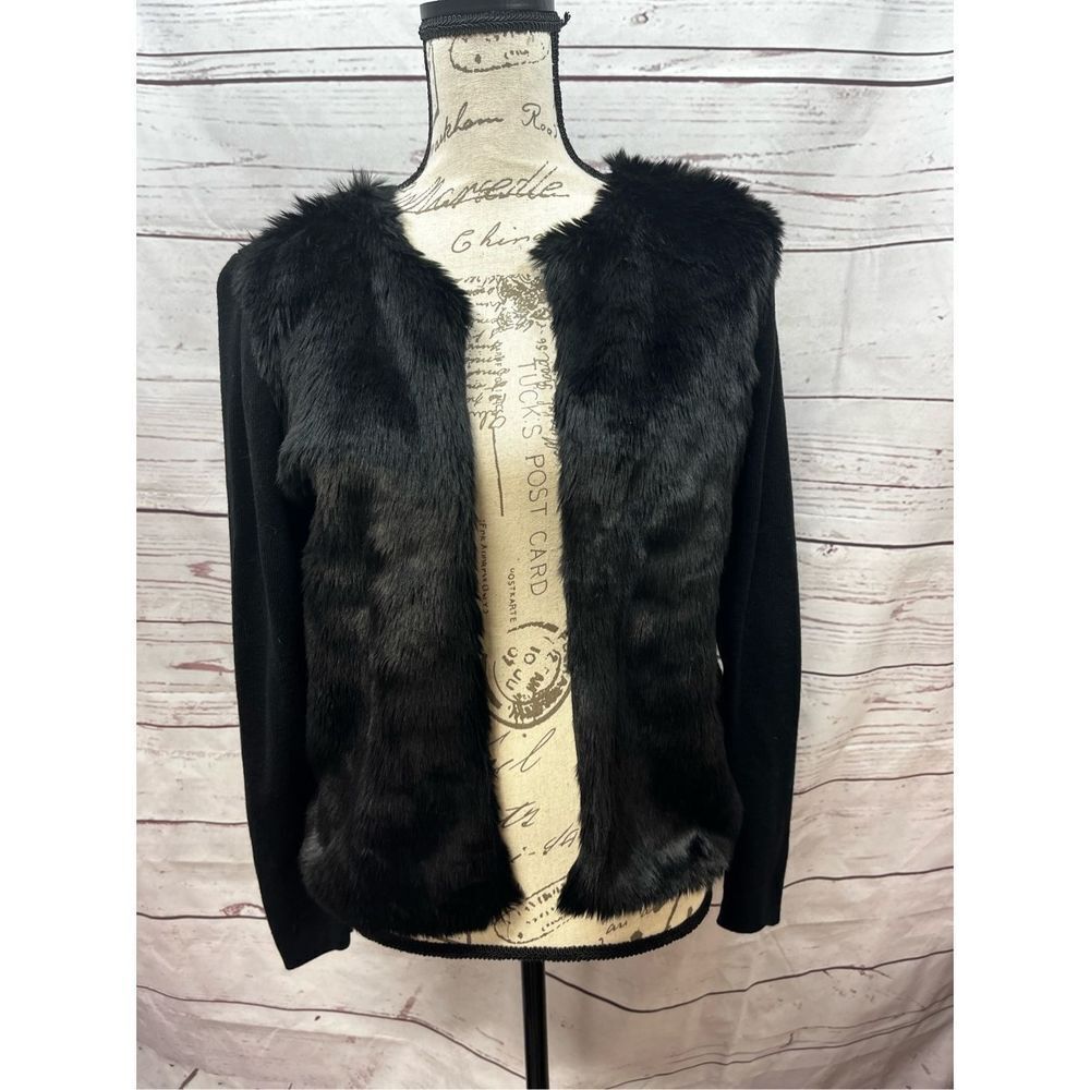 Banana Republic Black Faux Fur Trim Knit Open Front Cardigan Women's Medium